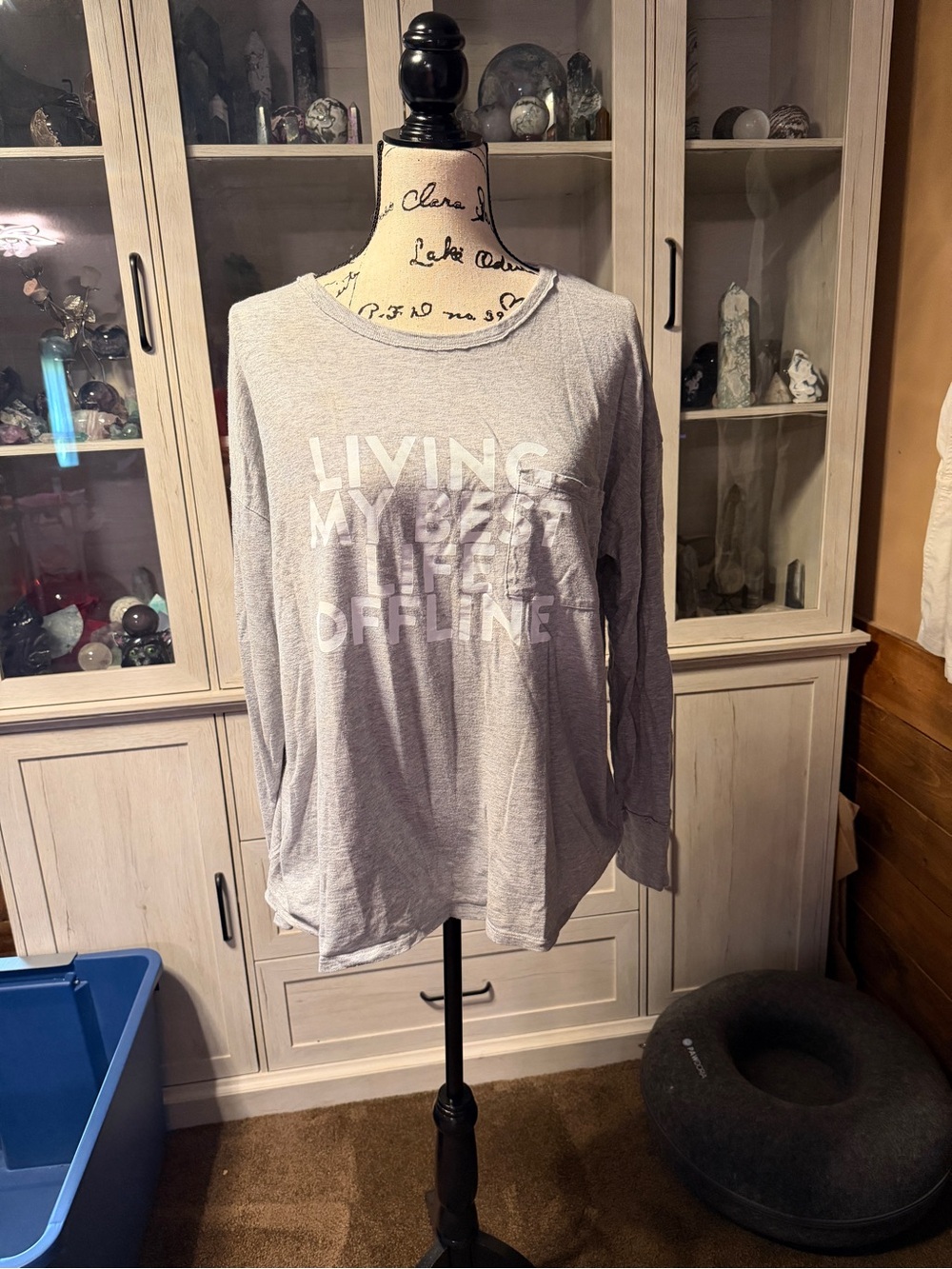 Gray "Living My Best life Offline" Long-Sleeve Top